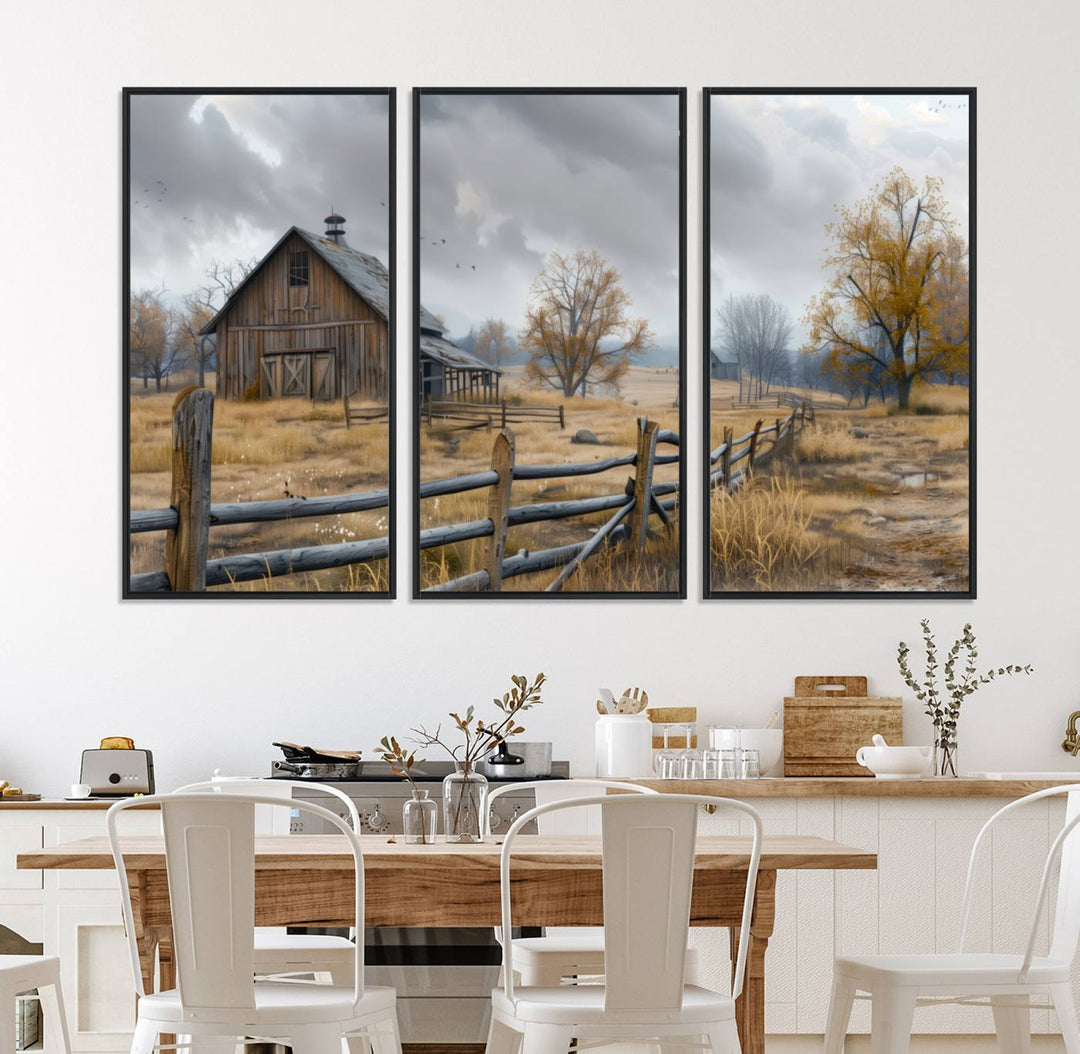 Rustic Autumn Farmhouse Wall Art – Weathered Barn & Trees Canvas Print, featuring a serene scene with birds in the sky. This piece is ready to hang.