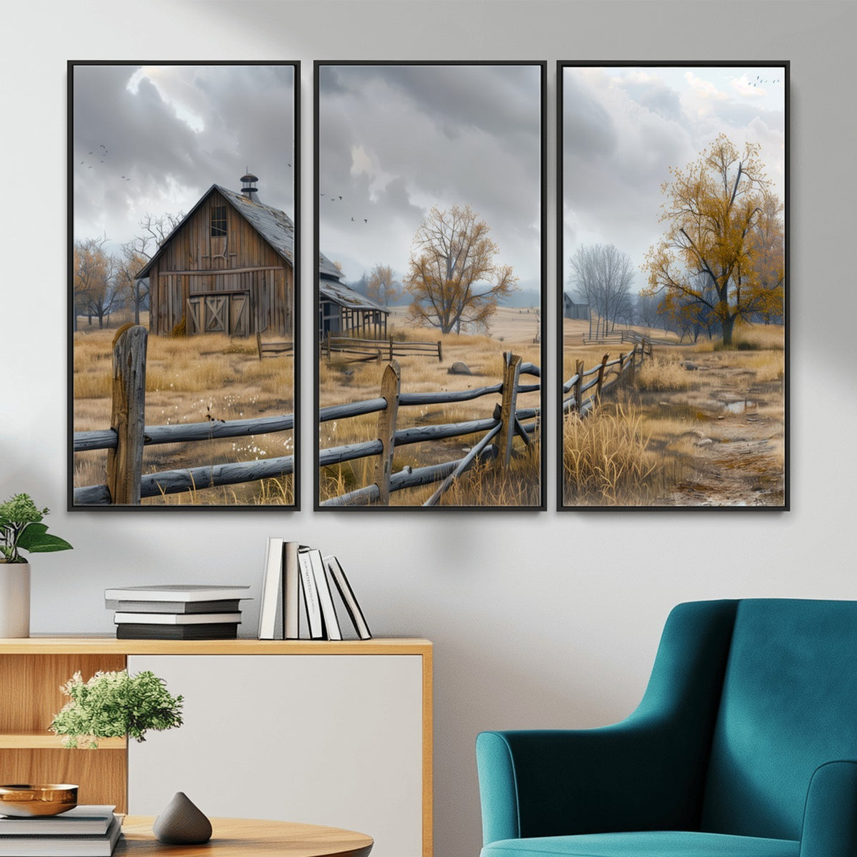 Farm1-MGV-CV-24X16 - Rustic Autumn Farmhouse Wall Art Canvas Print | Serene Countryside with Weathered Barn