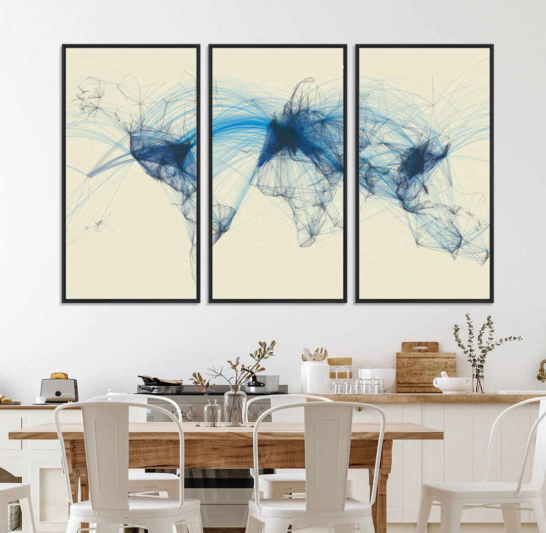 Flight Routes Map: Air Traffic Avi World Map featuring blue lines symbolizing global data. Ideal for home decor and ready to hang.