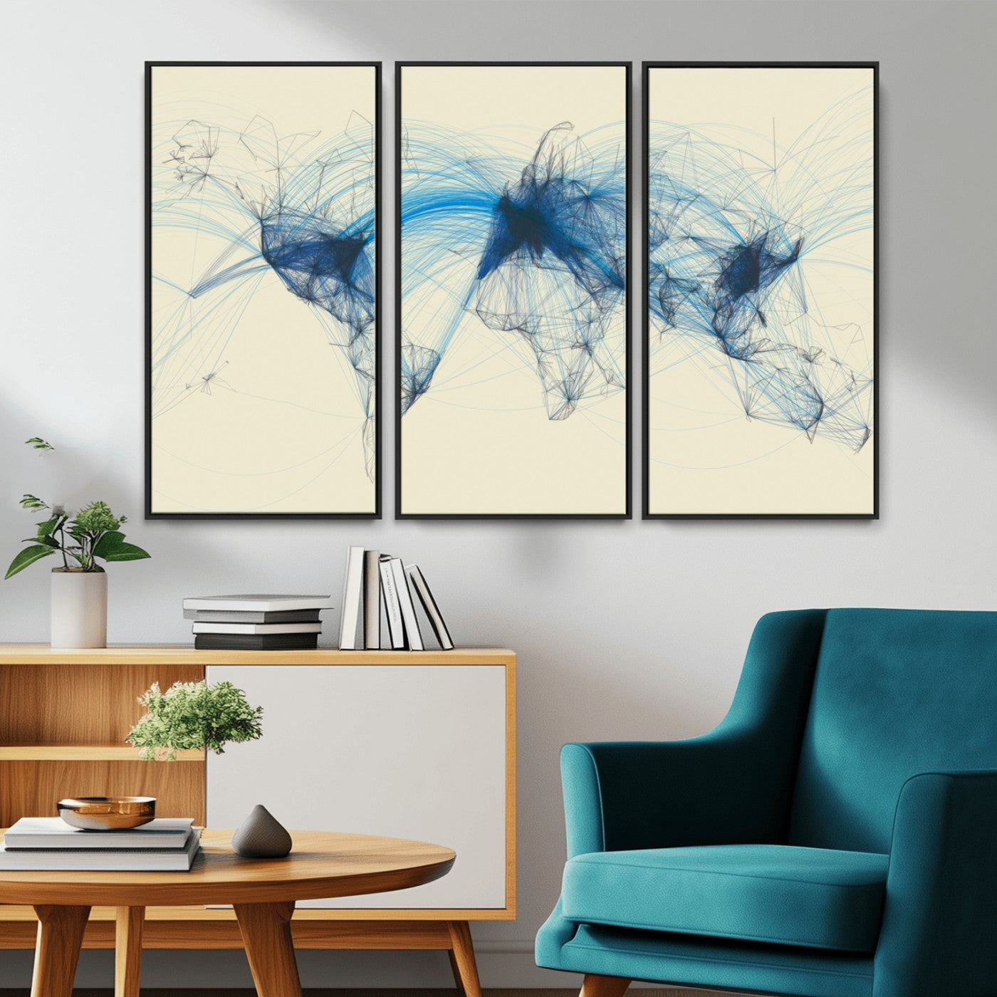 MGV-FC-48X32-3P - Flight Routes Map art Air Traffic Avi World Map with Blue Connections Canvas Wall Art – Modern