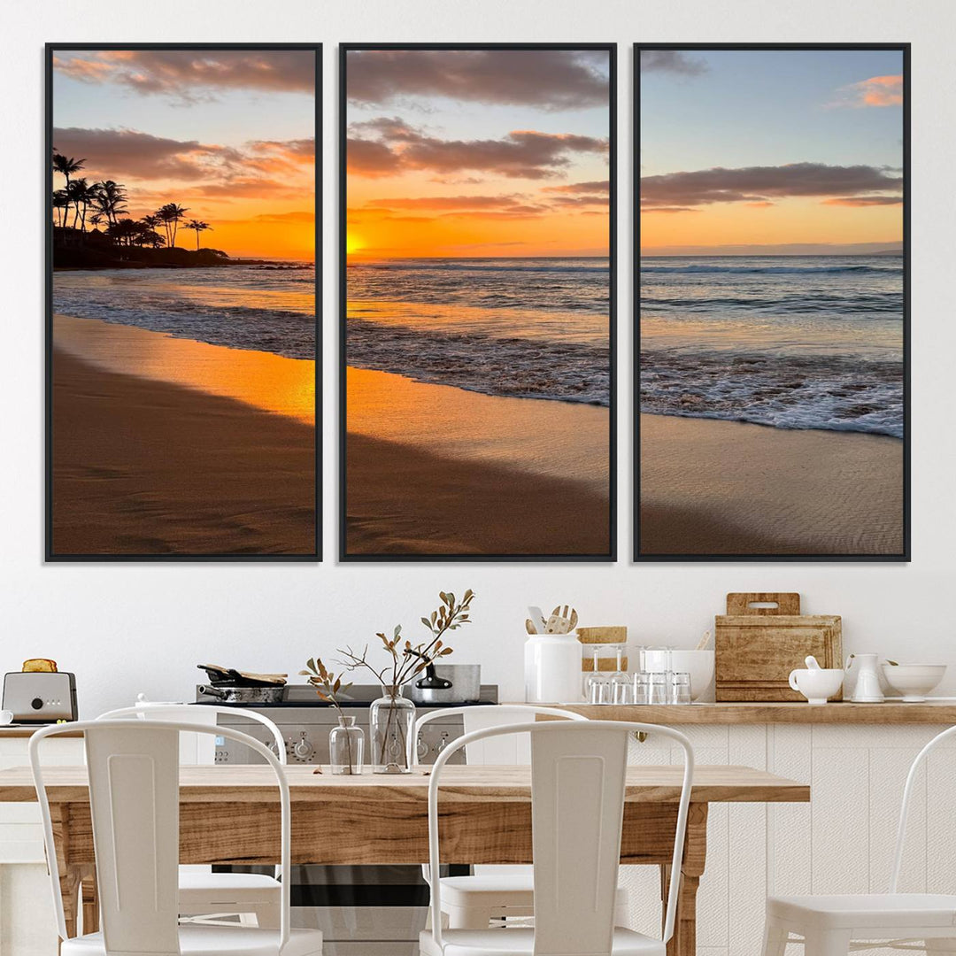 Sunset Wall Art Print featuring a beach sunset with waves and palms, perfect for coastal decor.