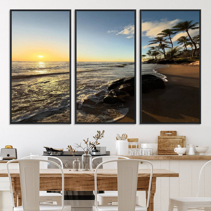 A serene tropical sunset on canvas, featuring palms and waves, serves as perfect Tropical Beach Wall Art for home or office decor.