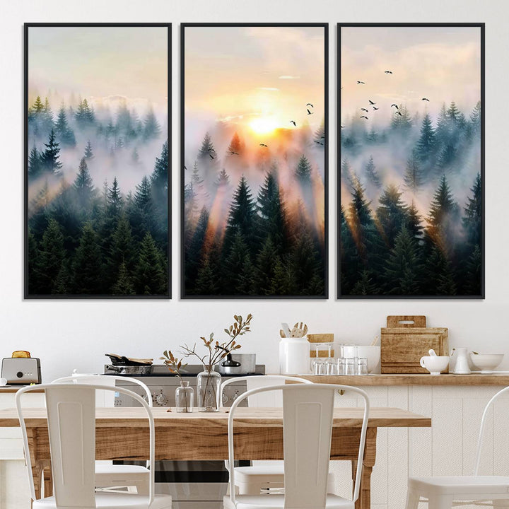 Sunrise over a misty forest with rays filtering through trees in the Abstract Forest Wall Art featuring soaring birds.
