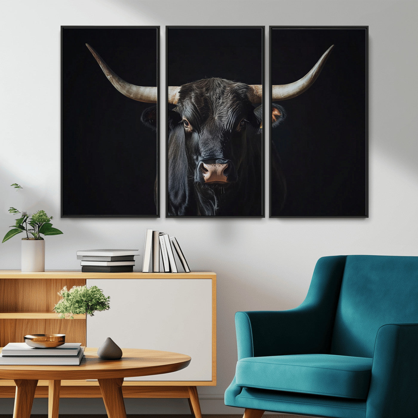Canvas of a black longhorn bull against a dark background, featuring moody tones and western character for rustic or cowboy-inspired spaces.
