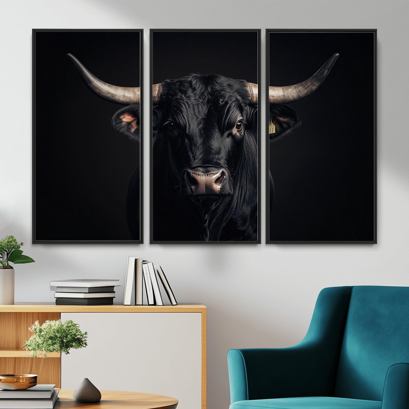 MGV-FC-48X32-3P - Black Bull Wall Art – Framed Horned Bull Canvas Artwork, Western Cattle Design, Rustic Ranch Style Decor for Home, Office