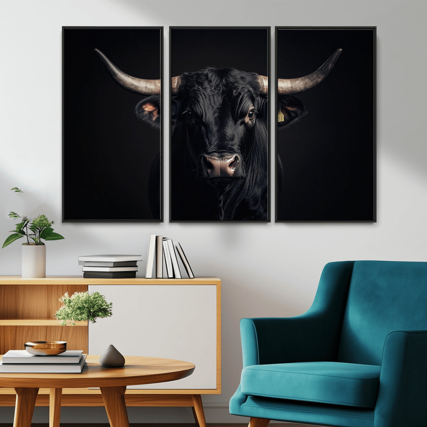 Canvas featuring a black horned bull in moody lighting on a dark background, perfect for western or rustic farmhouse-style home decor.