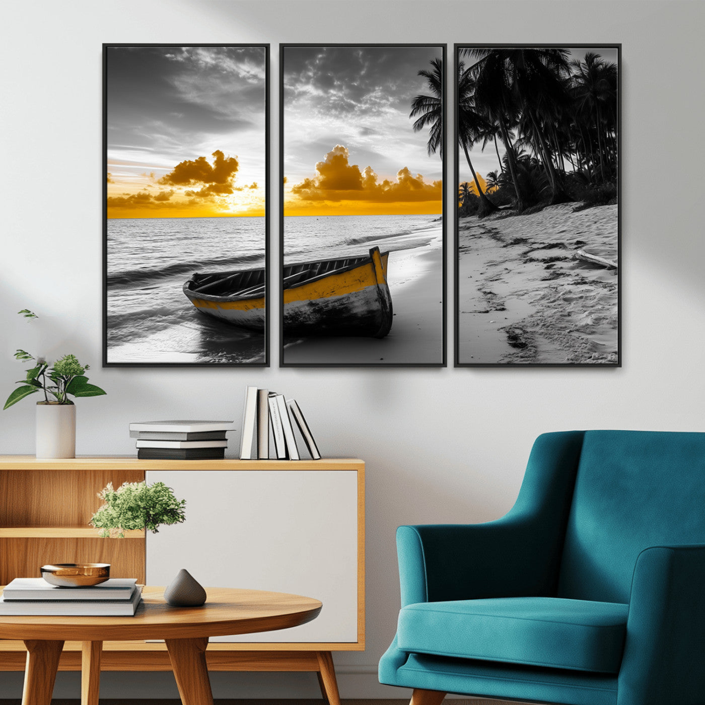 Canvas of a yellow rowboat on a black and white tropical beach with golden sunset sky, ideal for coastal or tropical-themed home decor.