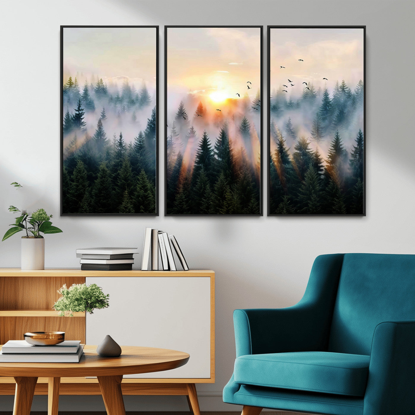 Canvas of a misty pine forest at sunrise with birds flying through golden morning rays, perfect for serene and moody woodland-style home decor.