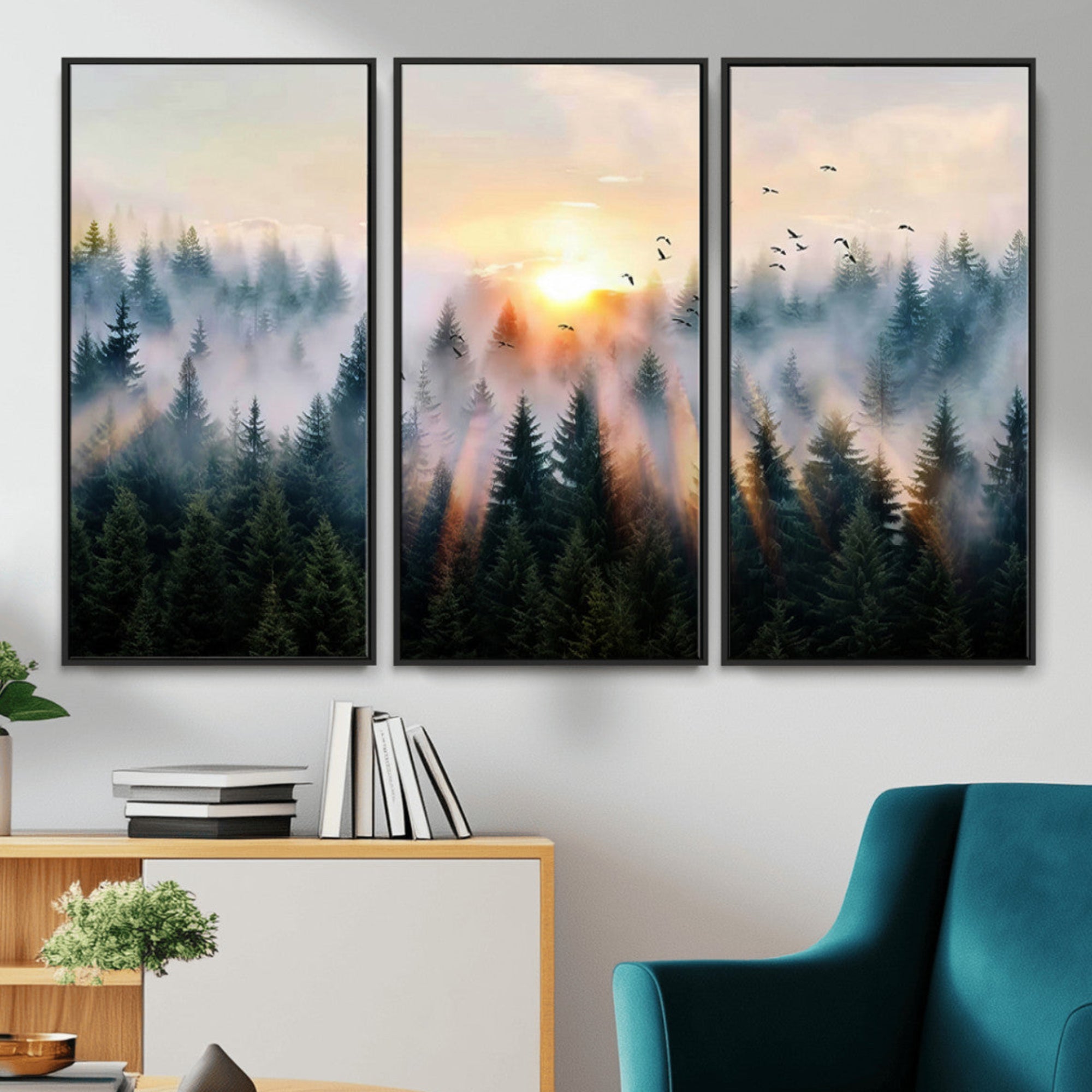 Canvas of a misty pine forest at sunrise with birds flying through golden morning rays, perfect for serene and moody woodland-style home decor.
