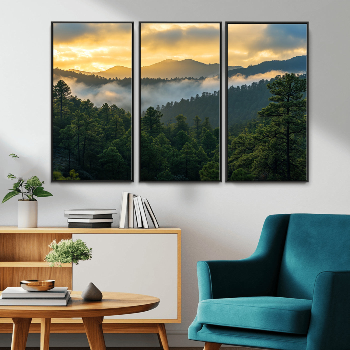Canvas of misty pine-covered mountains at sunrise, featuring golden light and fog layers, ideal for tranquil earthy home decor.