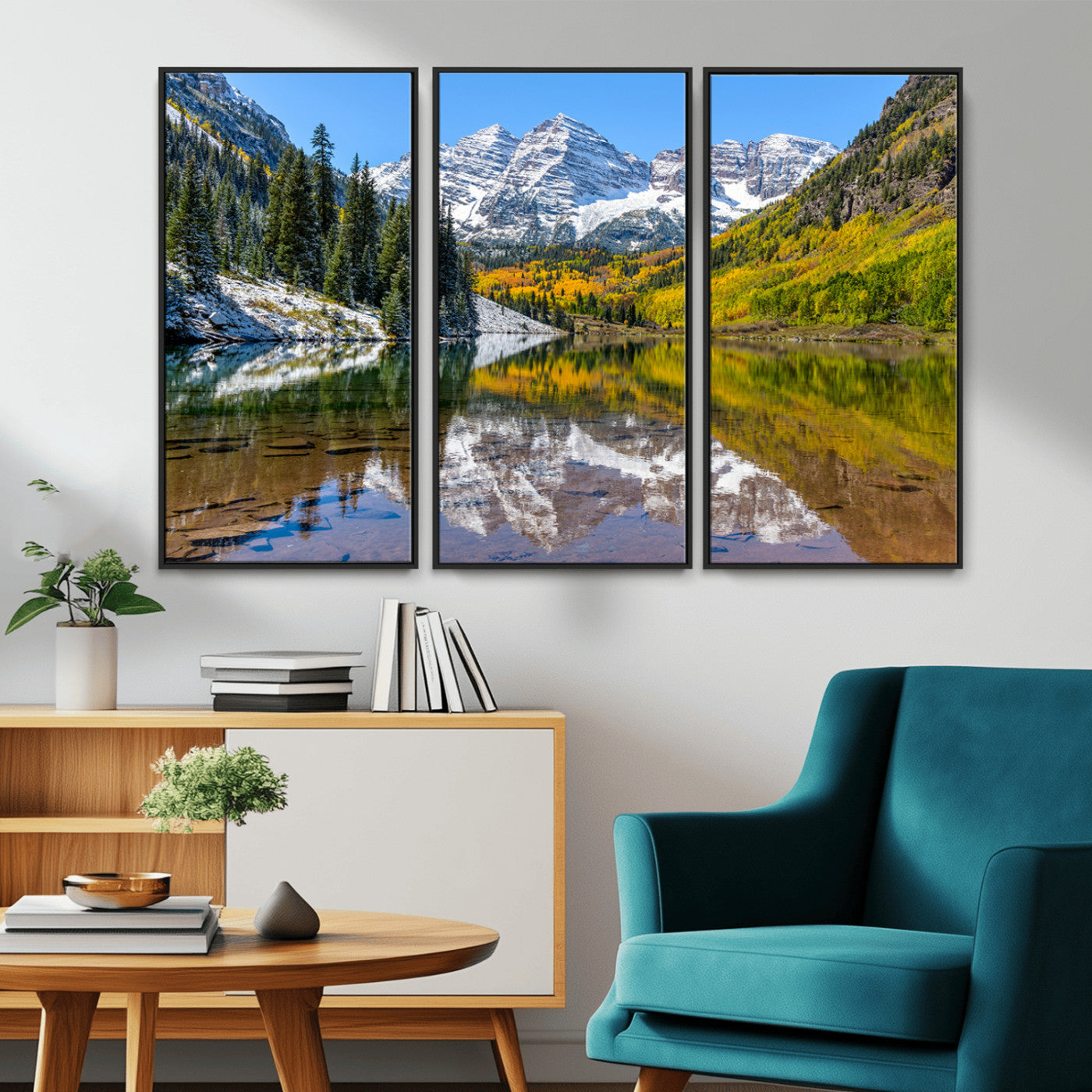 Canvas of Maroon Bells reflected in a clear alpine lake, with golden aspens and snowy peaks, ideal for crisp autumn or mountain-themed decor.