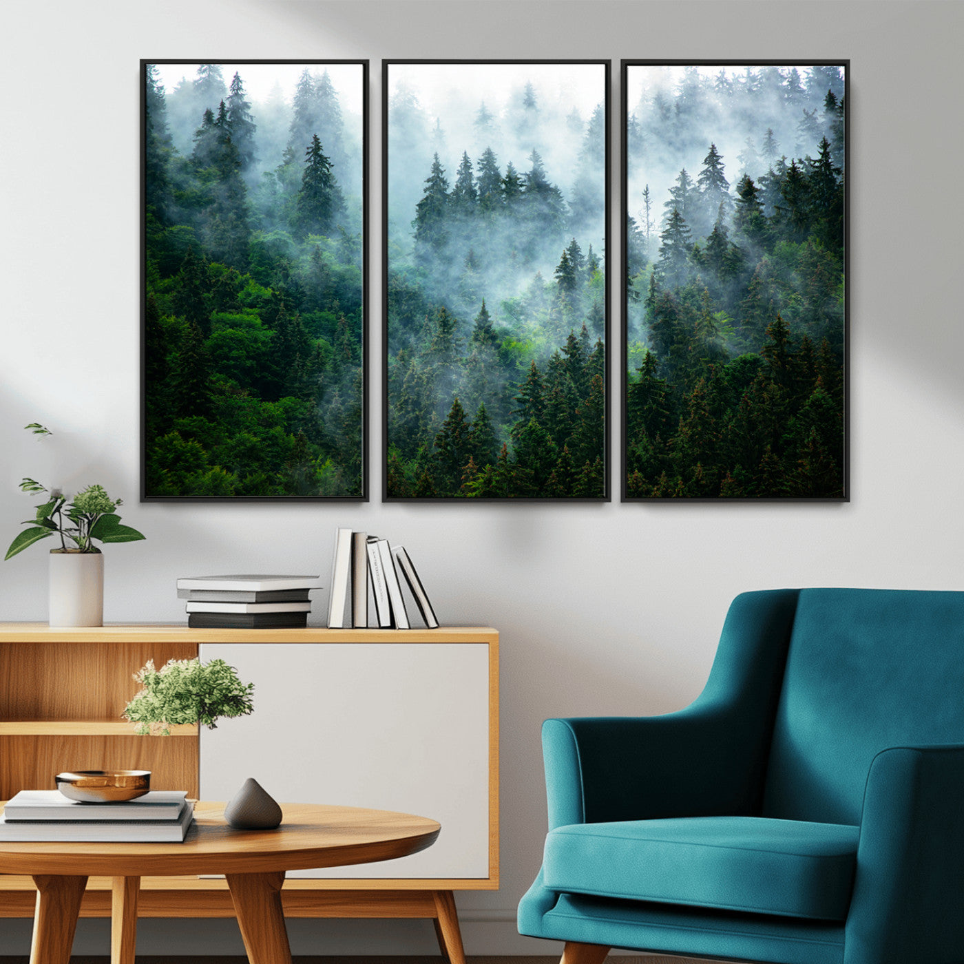 A captivating view of a dense pine forest blanketed in drifting fog, evoking a mystical and tranquil atmosphere.