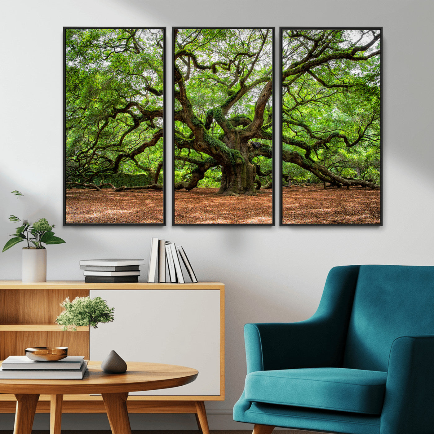 A majestic, ancient tree with expansive, twisting branches spreading wide under a dense, vibrant green canopy in a serene forest clearing.
