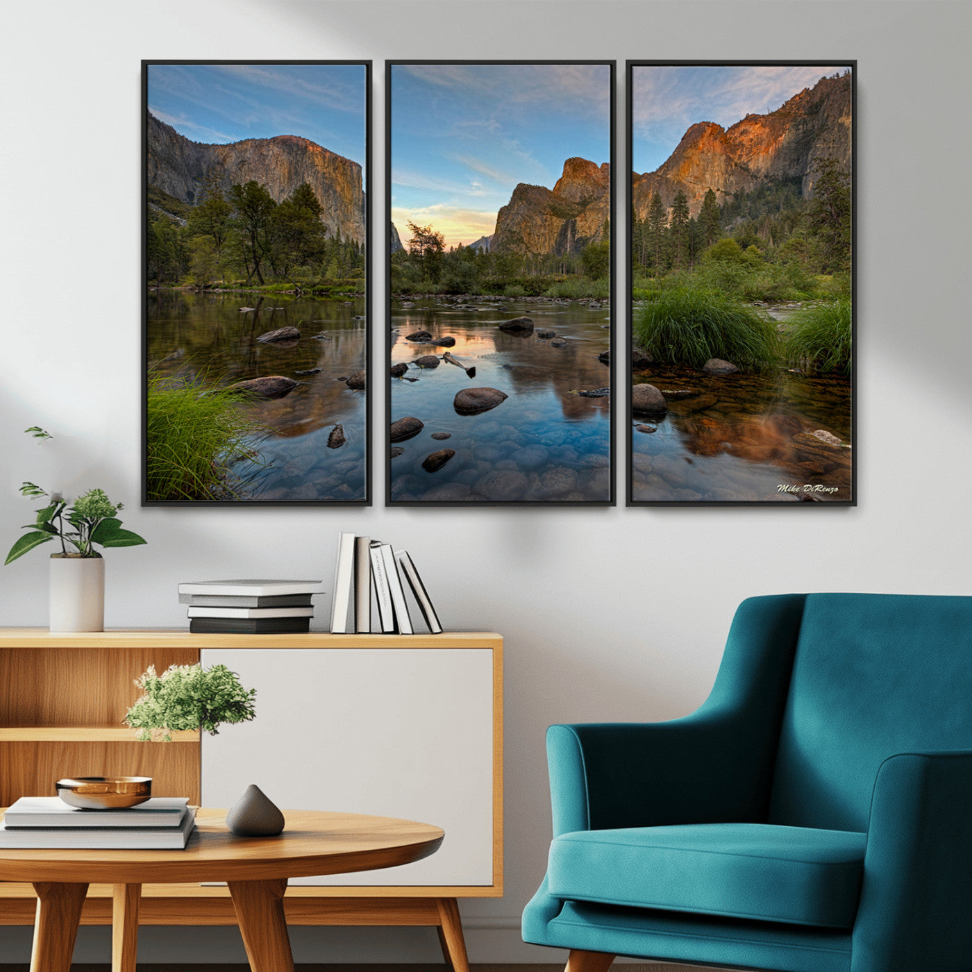 Canvas of Yosemite Valley with El Capitan and sunset reflections in a calm river, perfect for rustic or nature-themed décor.