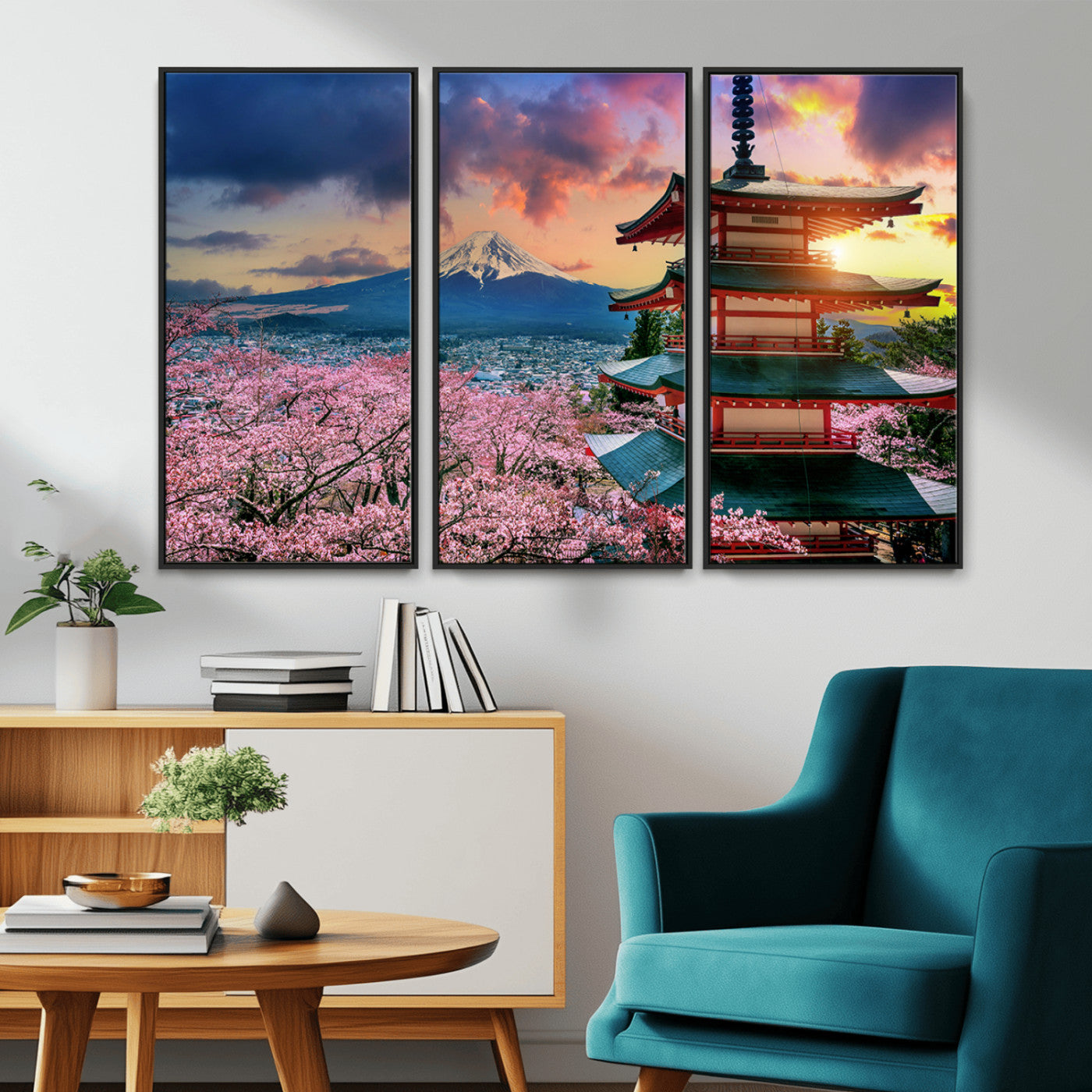 MGV-FC-48X32-3P - Mount Fuji & Cherry Blossom Wall Art Canvas Print – Iconic Japanese Landscape, Sakura Pagoda Sunset,