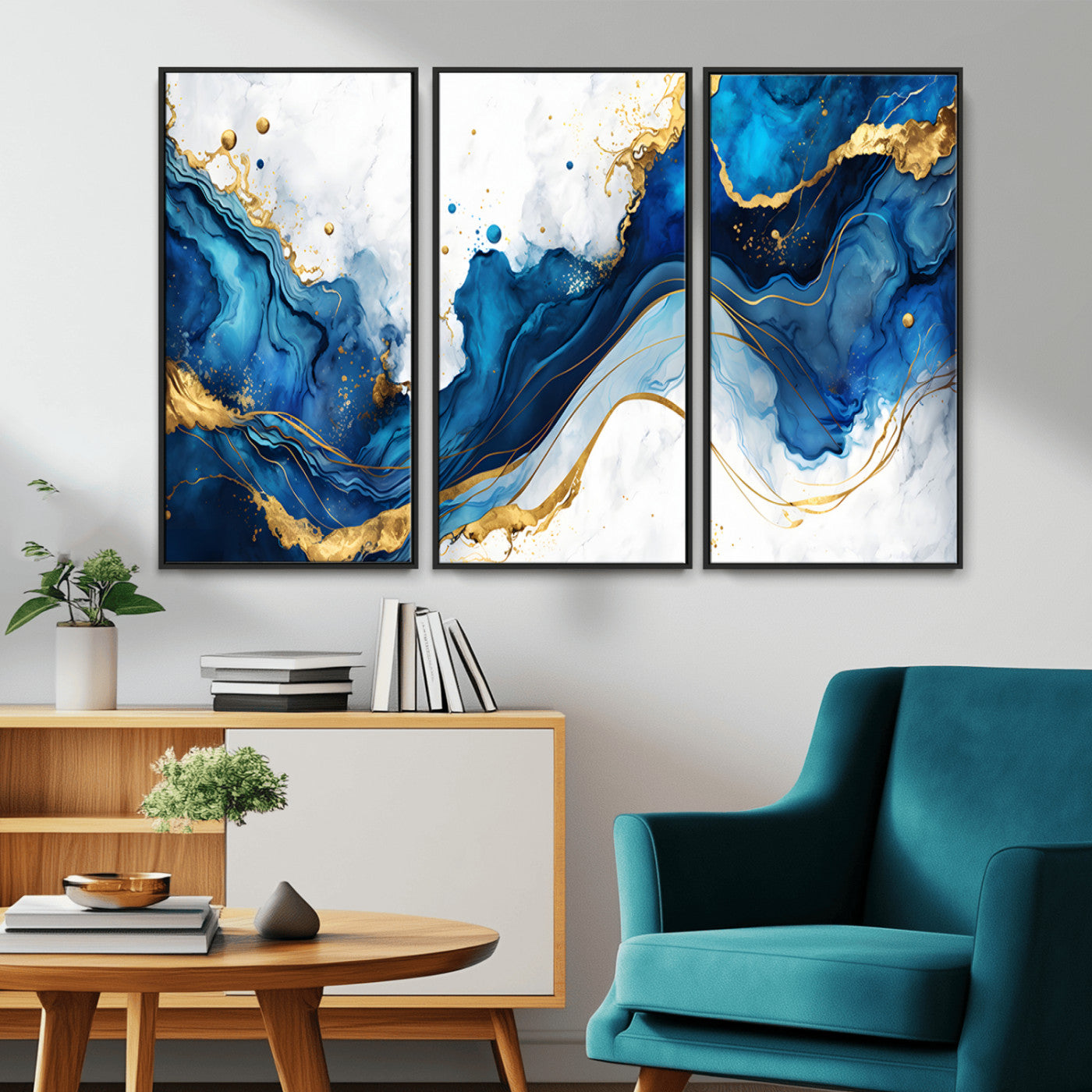 Elegant abstract canvas in cobalt blue and gold tones, featuring marble waves and fluid motion, ideal for luxe interior styling.