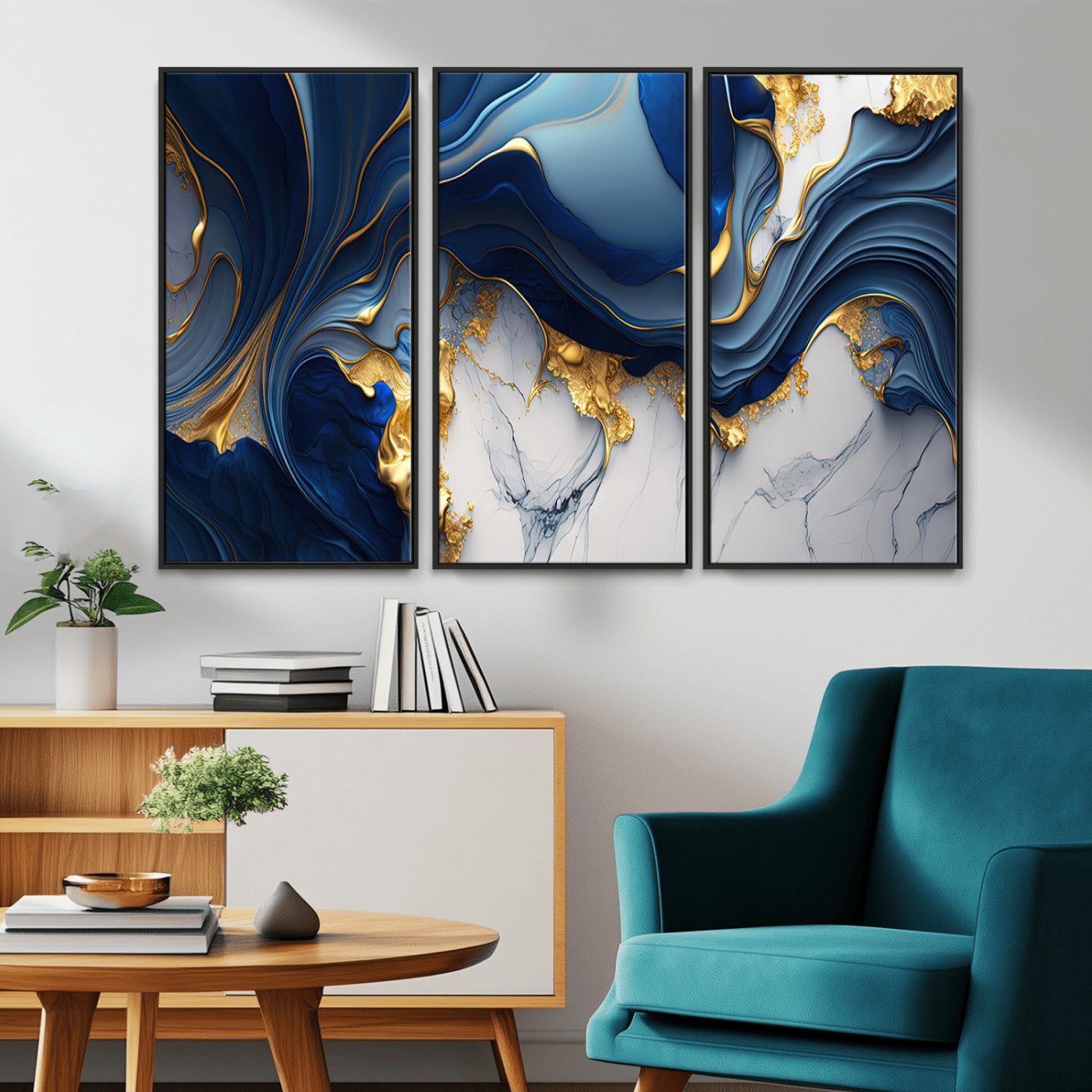 Canvas art with swirling blue marble and gold textures, ideal for elegant glam or modern luxury interior design settings.