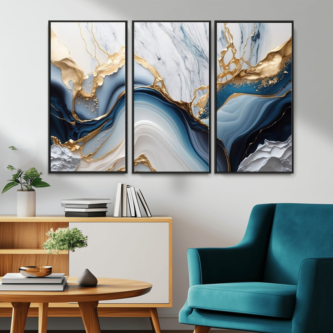 Abstract canvas with blue marble textures and flowing gold veins, ideal for modern luxury or coastal-inspired interior decor.