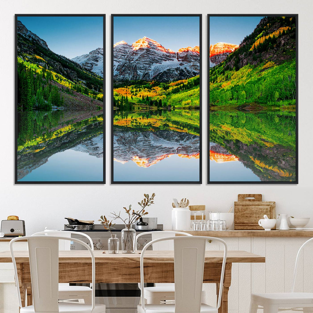 The Sunrise Maroon Bells Lake Wall Art Print beautifully captures North Maroon Peak mirrored in the tranquil lake, framed by lush greenery.