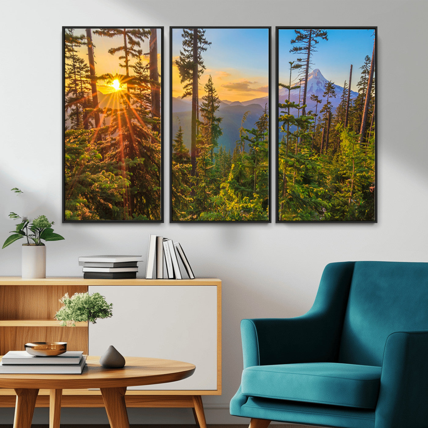 Colorful canvas of Mount Hood and Oregon forest at sunset, featuring sunburst light and lush pine trees for rustic nature decor.
