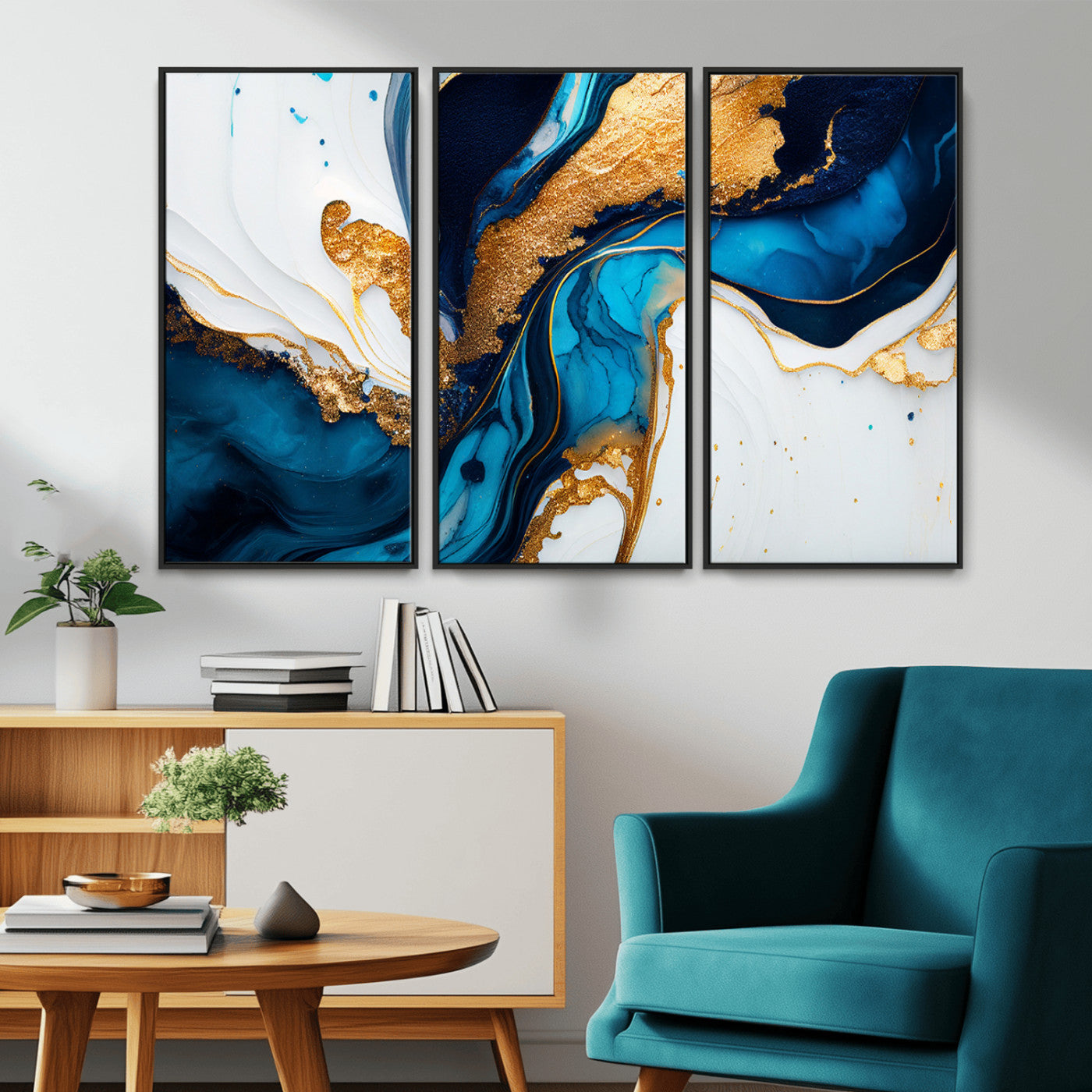 Luxurious abstract canvas in gold, navy, and teal tones with fluid marble patterns, perfect for modern glam or upscale interiors.