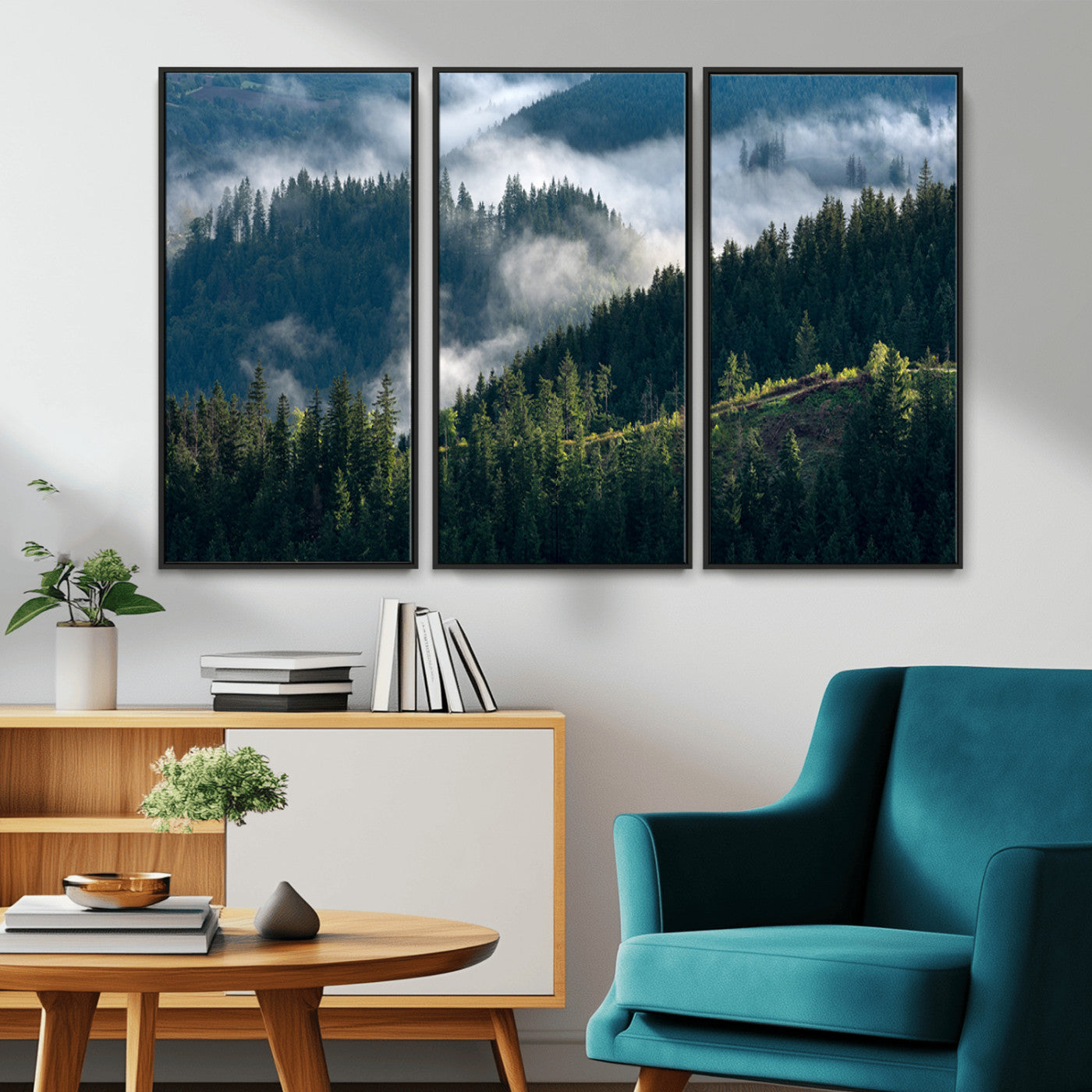Moody canvas of misty pine forests over layered hills, perfect for cool-toned nature-inspired or woodland-style home decor.