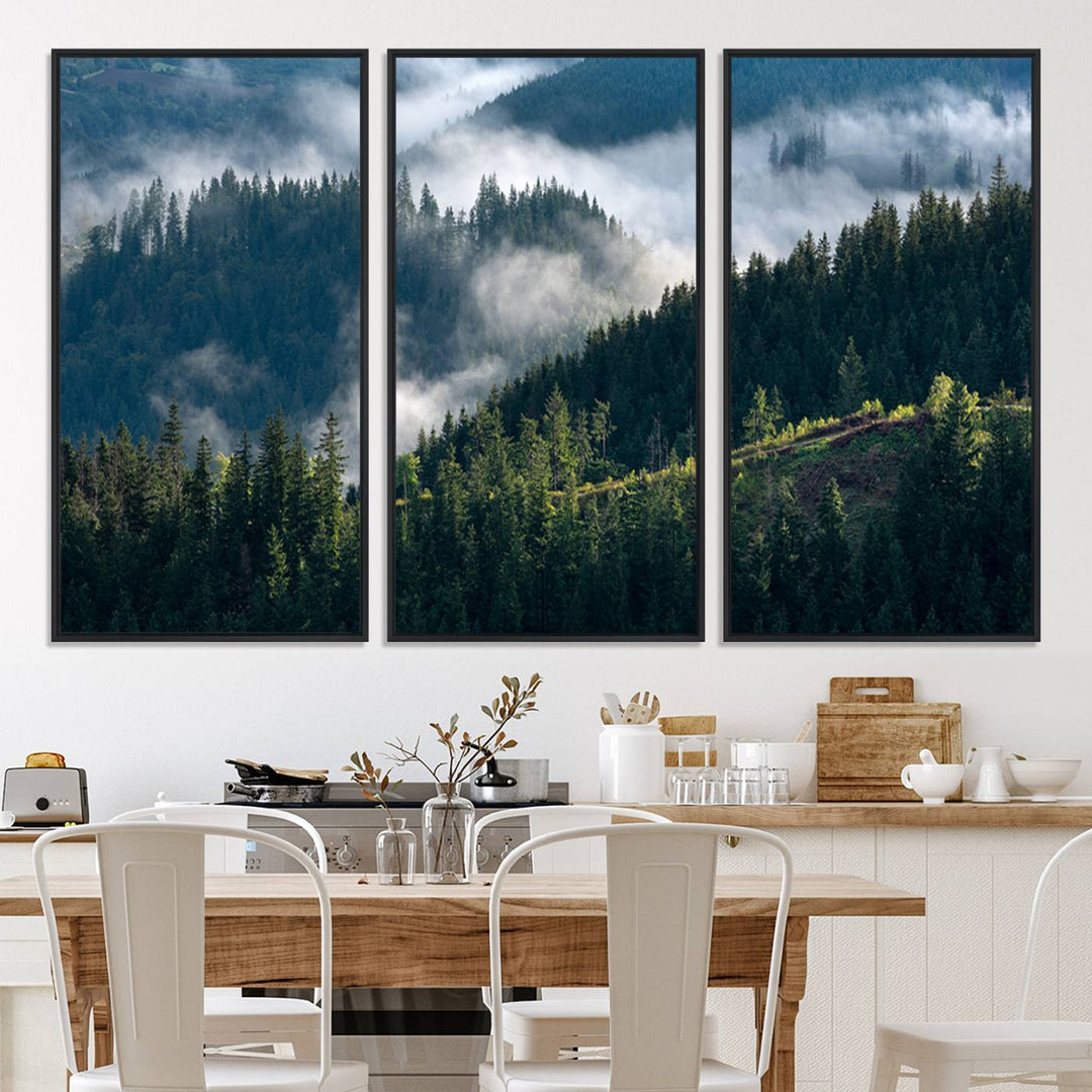 Moody canvas of misty pine forests over layered hills, perfect for cool-toned nature-inspired or woodland-style home decor.