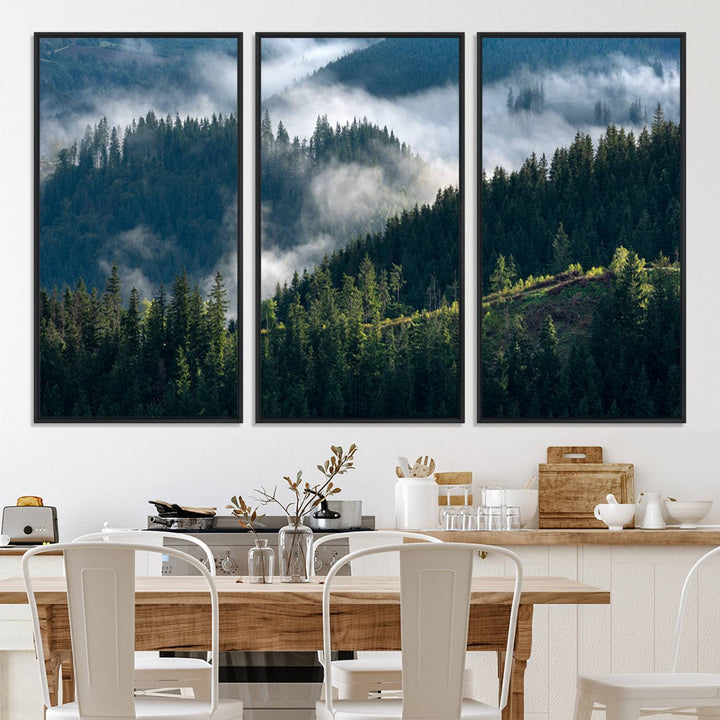Moody canvas of misty pine forests over layered hills, perfect for cool-toned nature-inspired or woodland-style home decor.