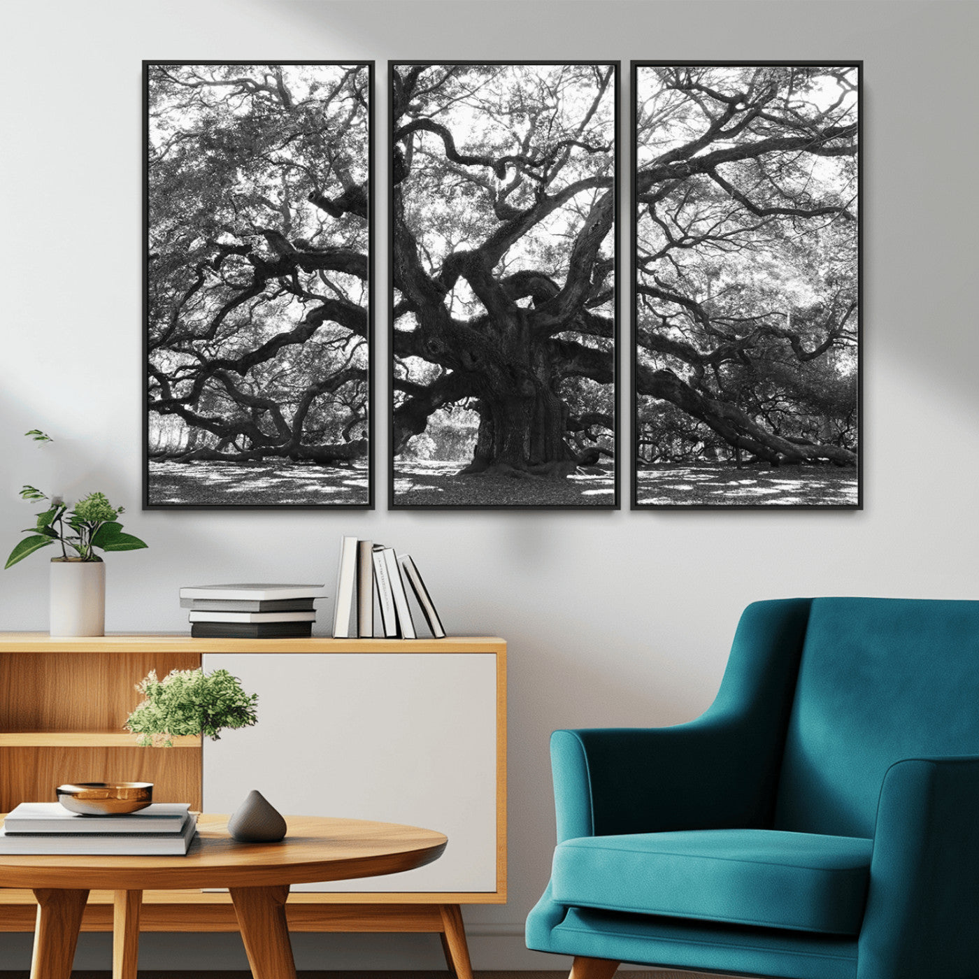 Black and white canvas of an ancient oak tree with sprawling, twisted branches, ideal for moody nature-inspired or rustic decor.
