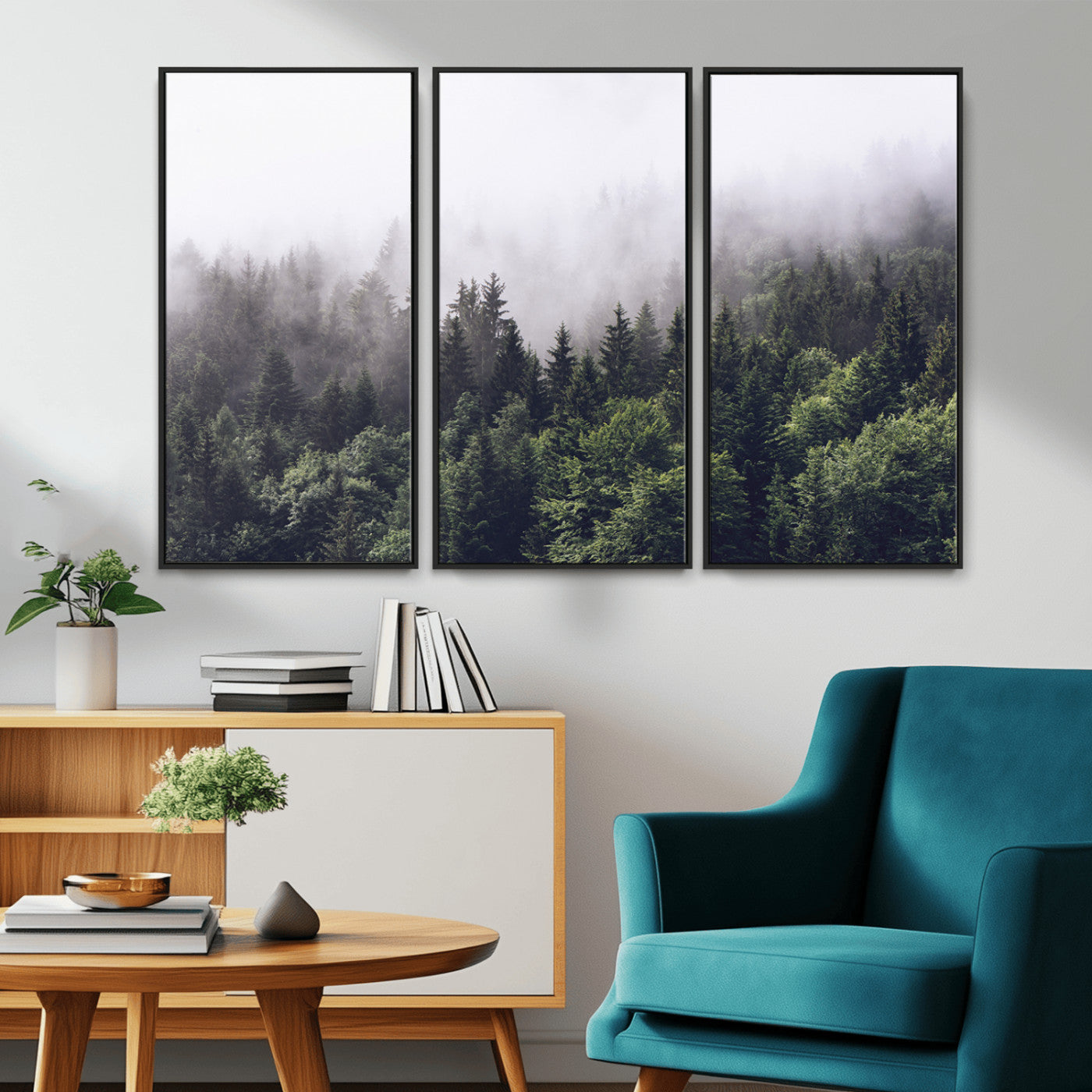 Canvas of dense misty forest in dark green tones, ideal for moody forest or atmospheric woodland-themed home decor.