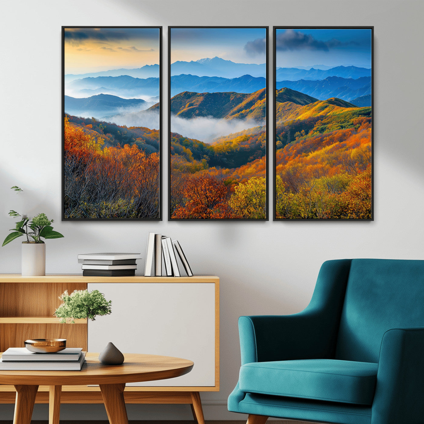 Vibrant canvas of autumn mountains with colorful trees, layered blue ridges, and soft morning fog, ideal for bright nature-themed decor.