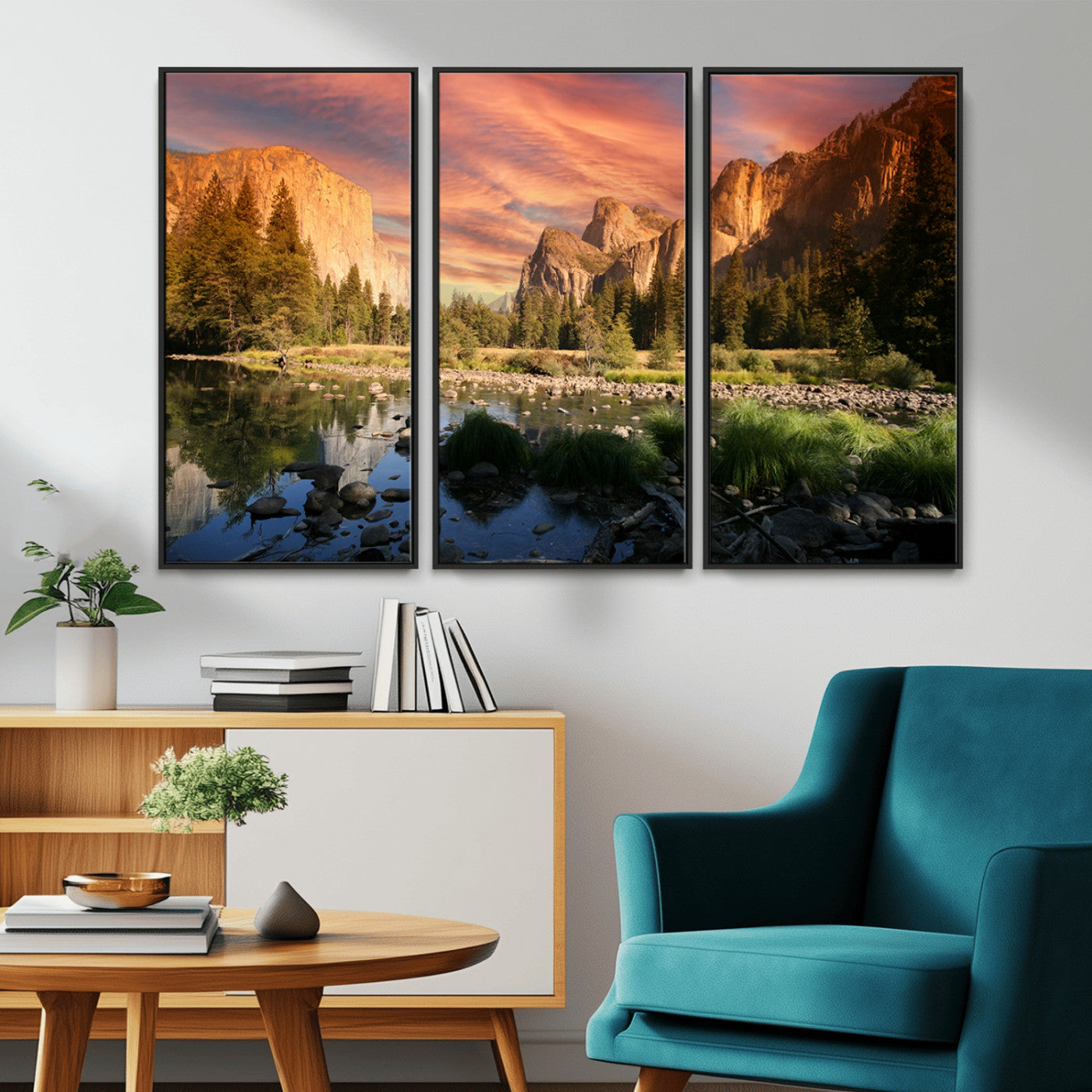 Canvas of Yosemite Valley with El Capitan and sunset sky, featuring vibrant tones ideal for rustic or nature-inspired home decor.