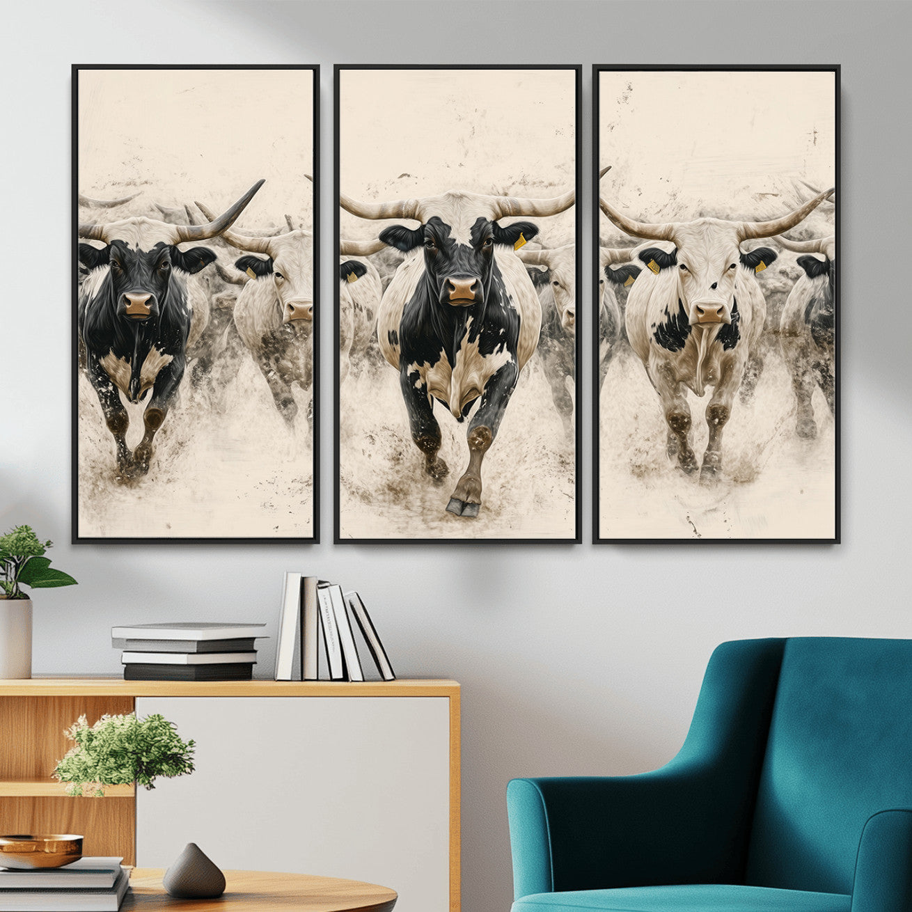 MGV-FC-48X32-3P - Cream Dust Longhorn Wall Art – Canvas Print of Western Herd Stampede, Dynamic Charge, Rustic Prairie Motion, Bold Nature Farm Decor