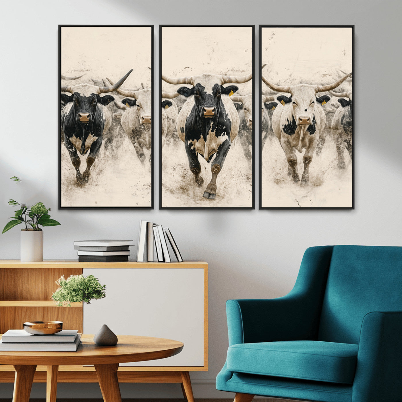 Canvas artwork of Texas Longhorn bulls walking in a dusty herd, ideal for rustic Western or country-style interior decor.
