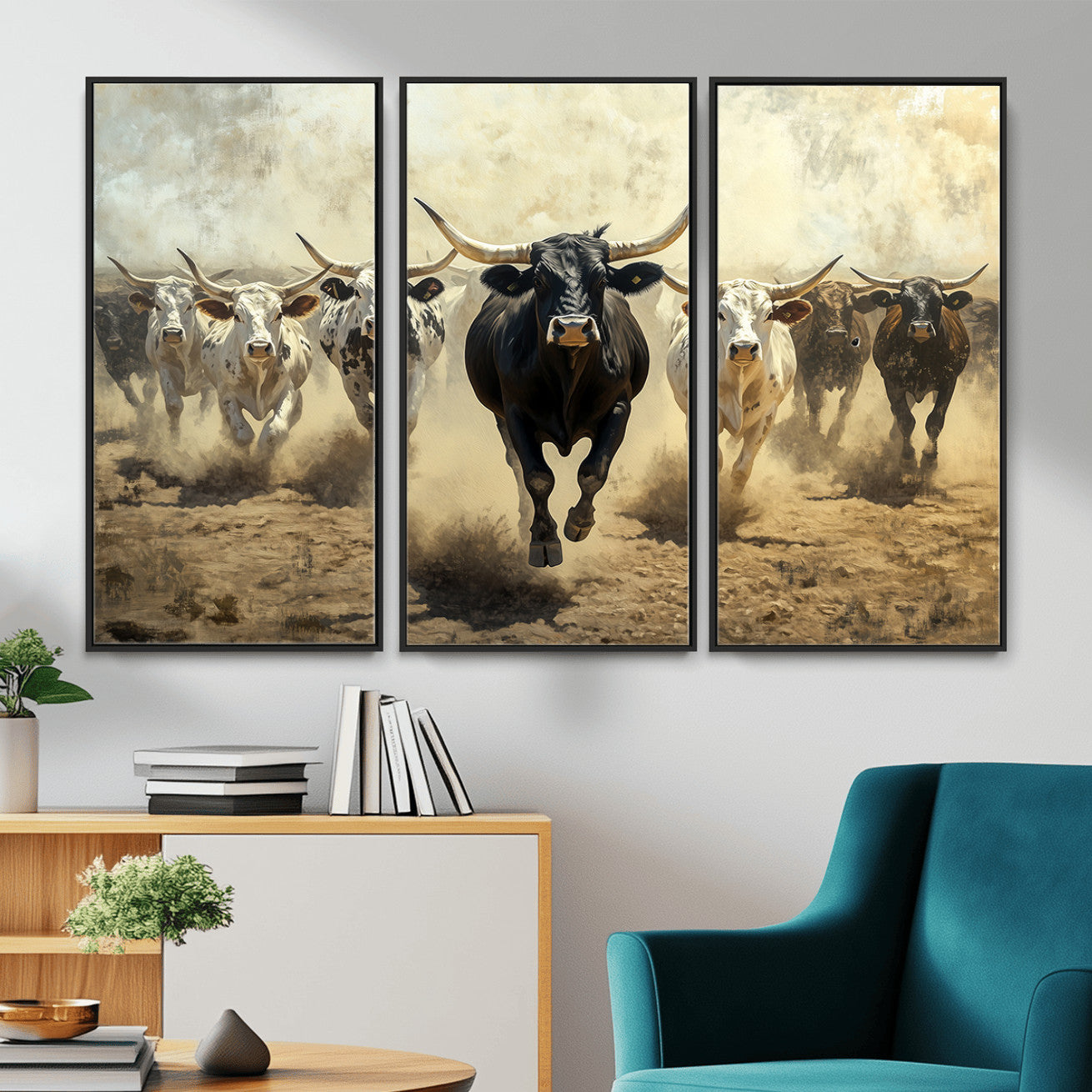 MGV-FC-48X32-3P - Running Cattle Wall Art – Canvas Print of Western Herd, Dust Stampede, Longhorns, Wild West Ranch, Bold Rustic Farm Decor for Home or Office