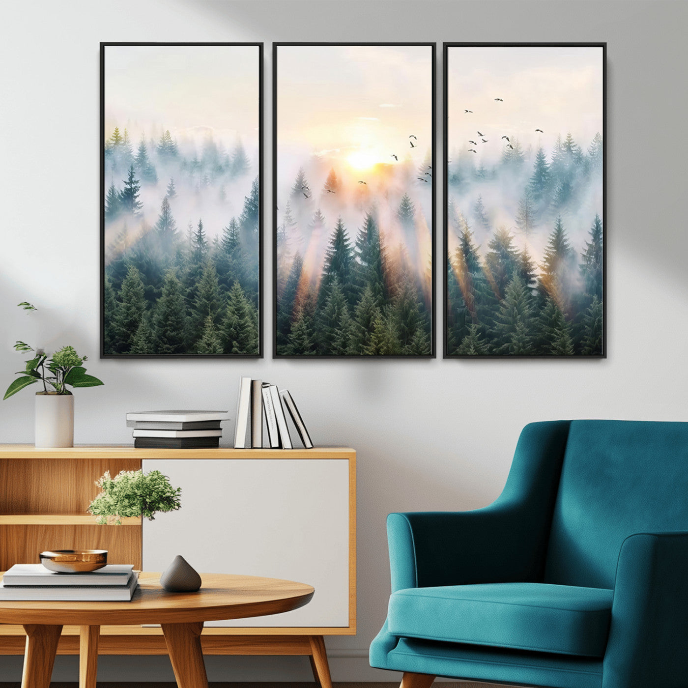 MGV-FC-48X32-3P - Misty Pine Forest Wall Art Canvas, Sunrise Over Foggy Trees Canvas for Home - Office, Framed