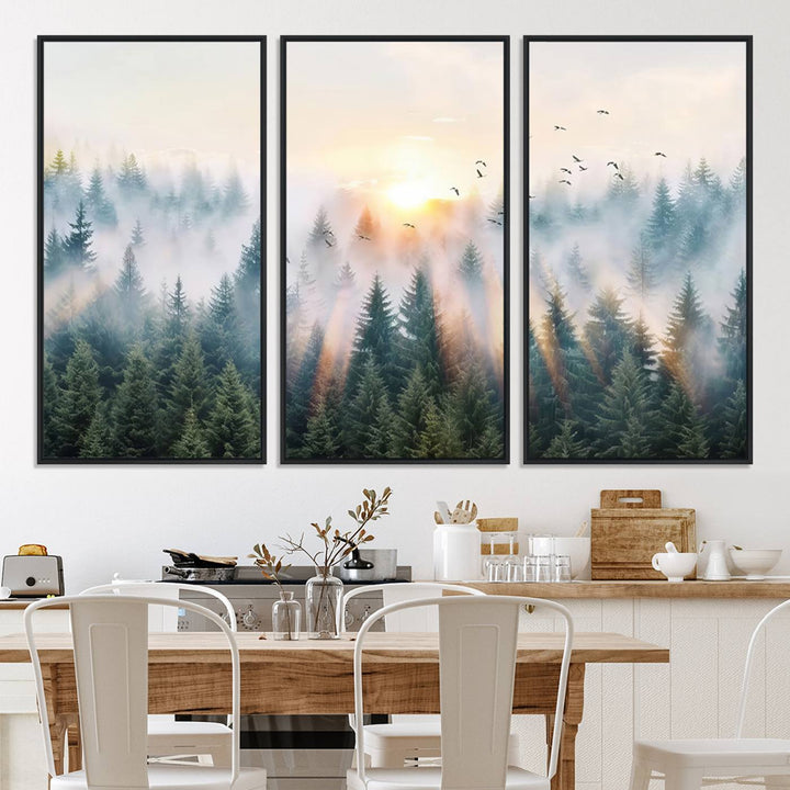 Misty Pine Forest Wall Art: A depiction of sunrise over foggy trees and birds against a bright sky; a framed woodland scene ideal for home or office decor.