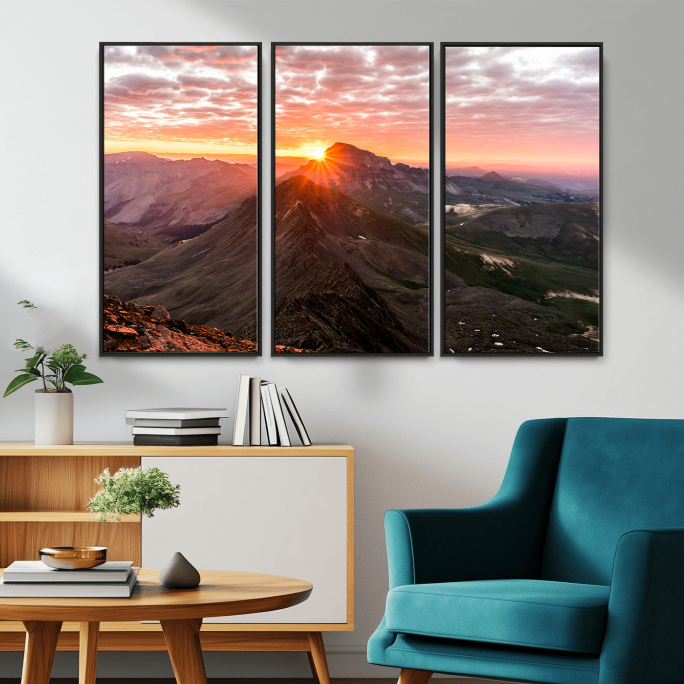 Canvas showing a mountain ridge at sunrise with golden light and dramatic clouds, perfect for nature or rustic-inspired wall decor.