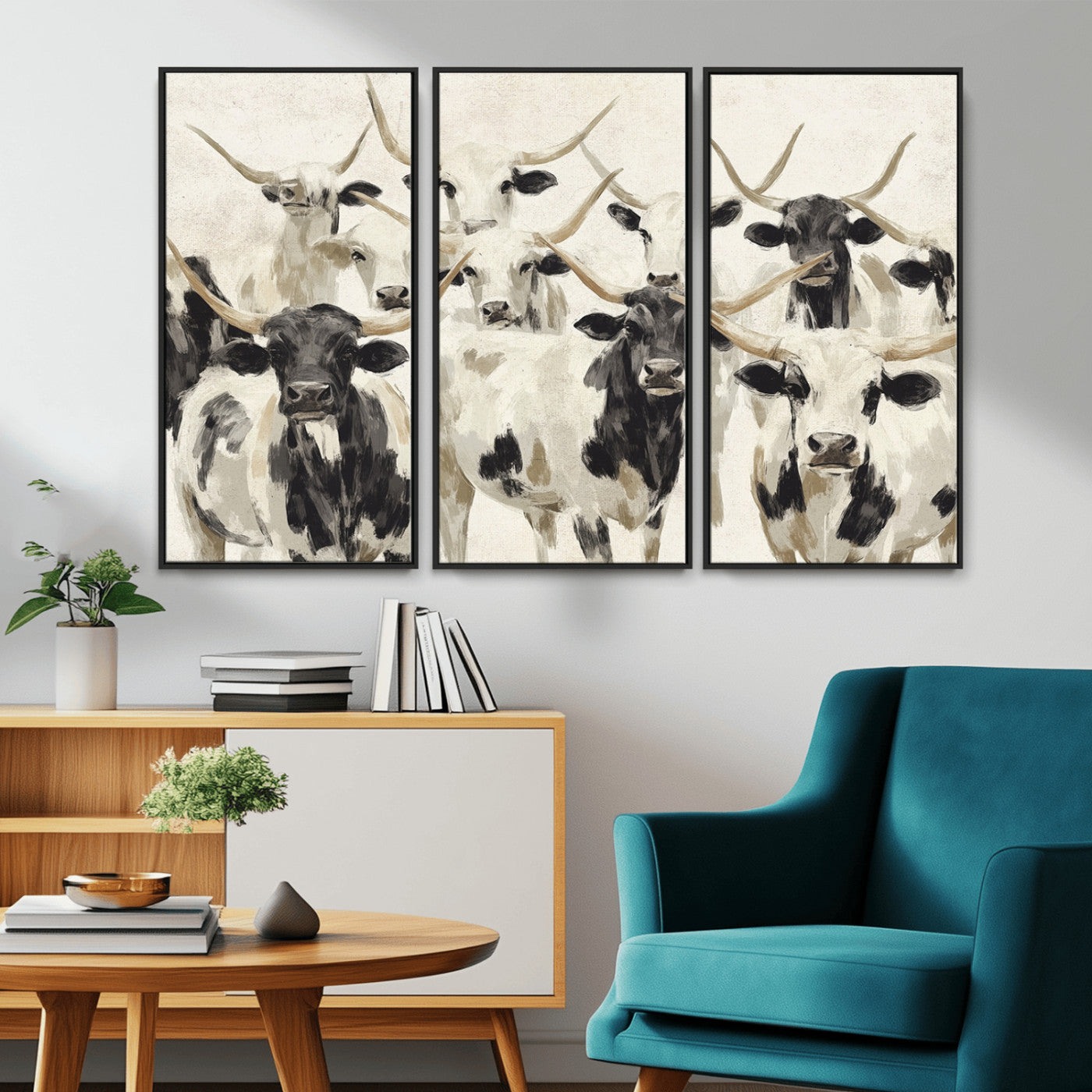 MGV-FC-48X32-3P - Longhorn Texas Cow Drawing Abstract Wall Art Canvas Print for Farmhouse Decor, Texas Bull Printing