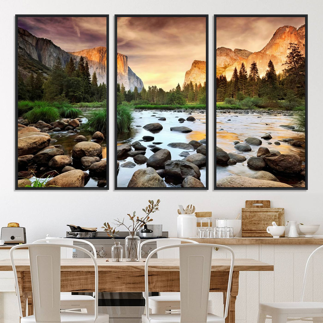 A tranquil riverside sunset mirrors the beauty of a Yosemite wall art masterpiece like the Large El Capitan Print.