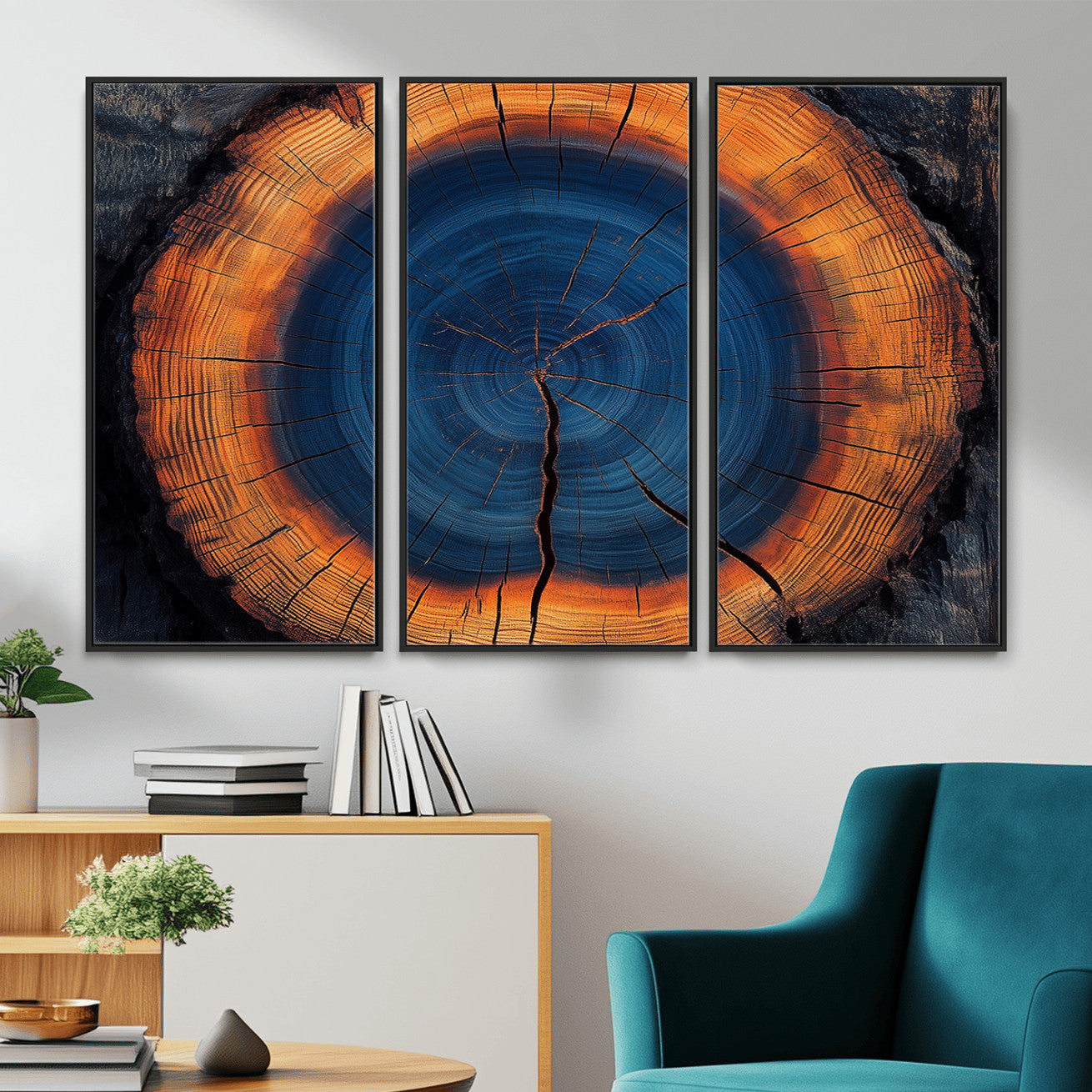 MGV-FC-48X32-3P - Abstract Tree Ring Wall Art Print, Natural Rustic Wood Texture Canvas Print, Framed Tree Ring Printing, Wood Tree Stump Artwork Canvas Print