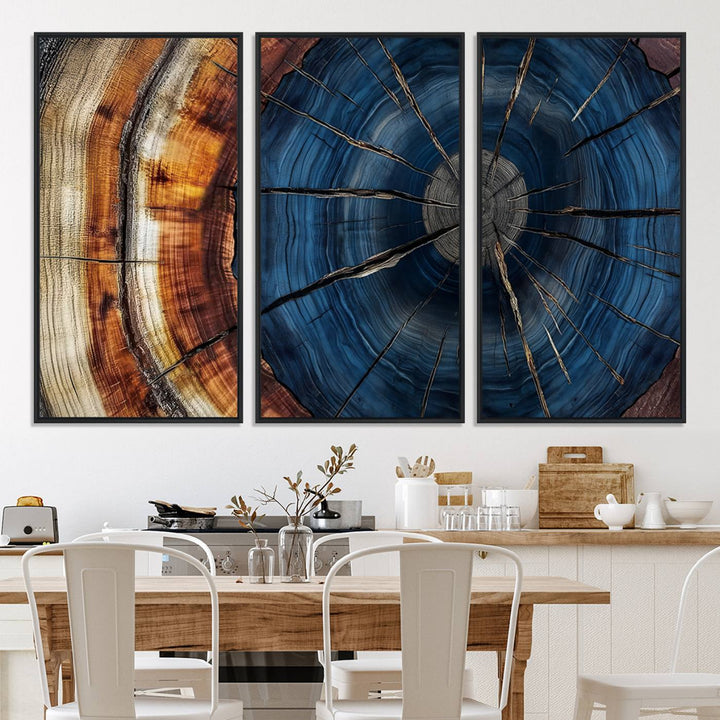 The Abstract Tree Rings Canvas Print features blue, brown, and orange rings that highlight wood grain and natures beauty.