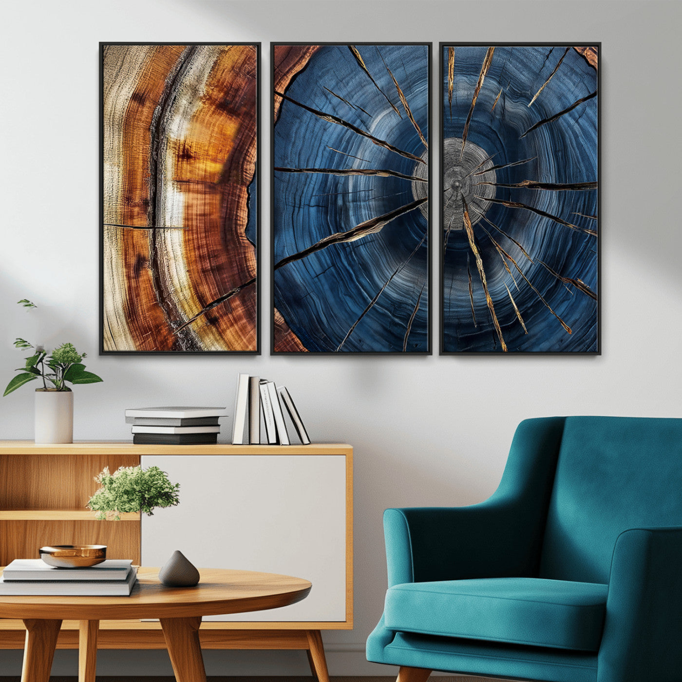 MGV-FC-48X32-3P - Framed Abstract Tree Ring Wall Art Print, Natural Rustic Wood Texture Canvas Print, Wood Tree Stump