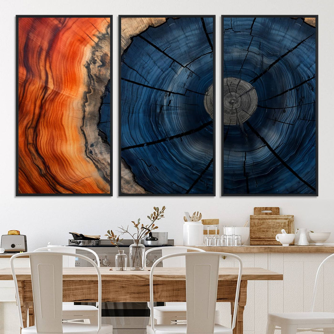 Abstract Tree Rings Canvas Print with vibrant colors—ideal farmhouse wall art for a woodland-themed home.