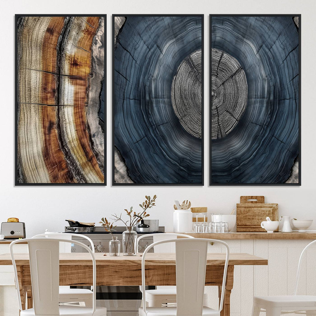 Close-up of the Abstract Tree Rings Wall Art Print featuring shades of blue, brown, and gray.