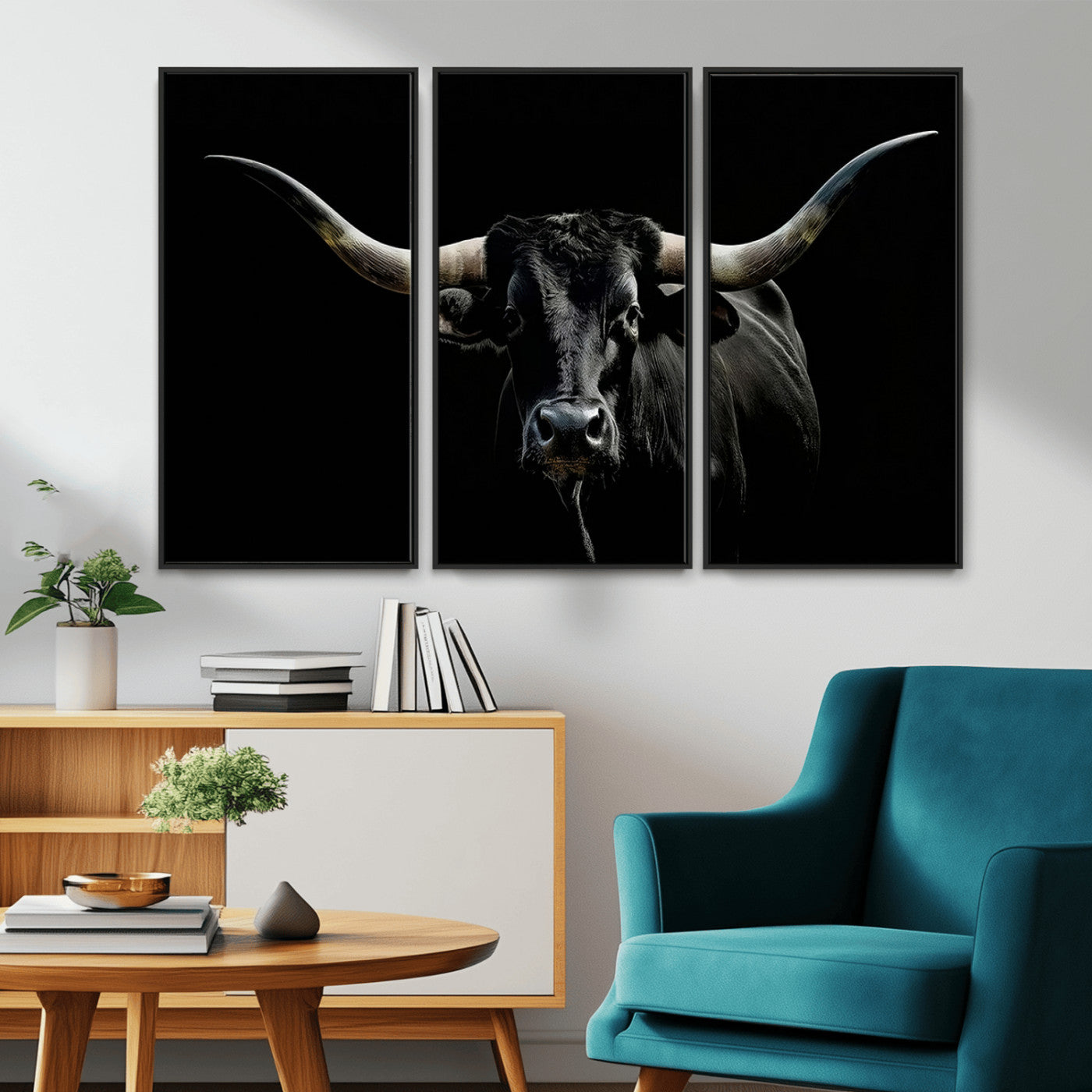 MGV-FC-48X32-3P - Texas Black Bull Wall Art Print, Longhorn Bull Canvas Wall Art