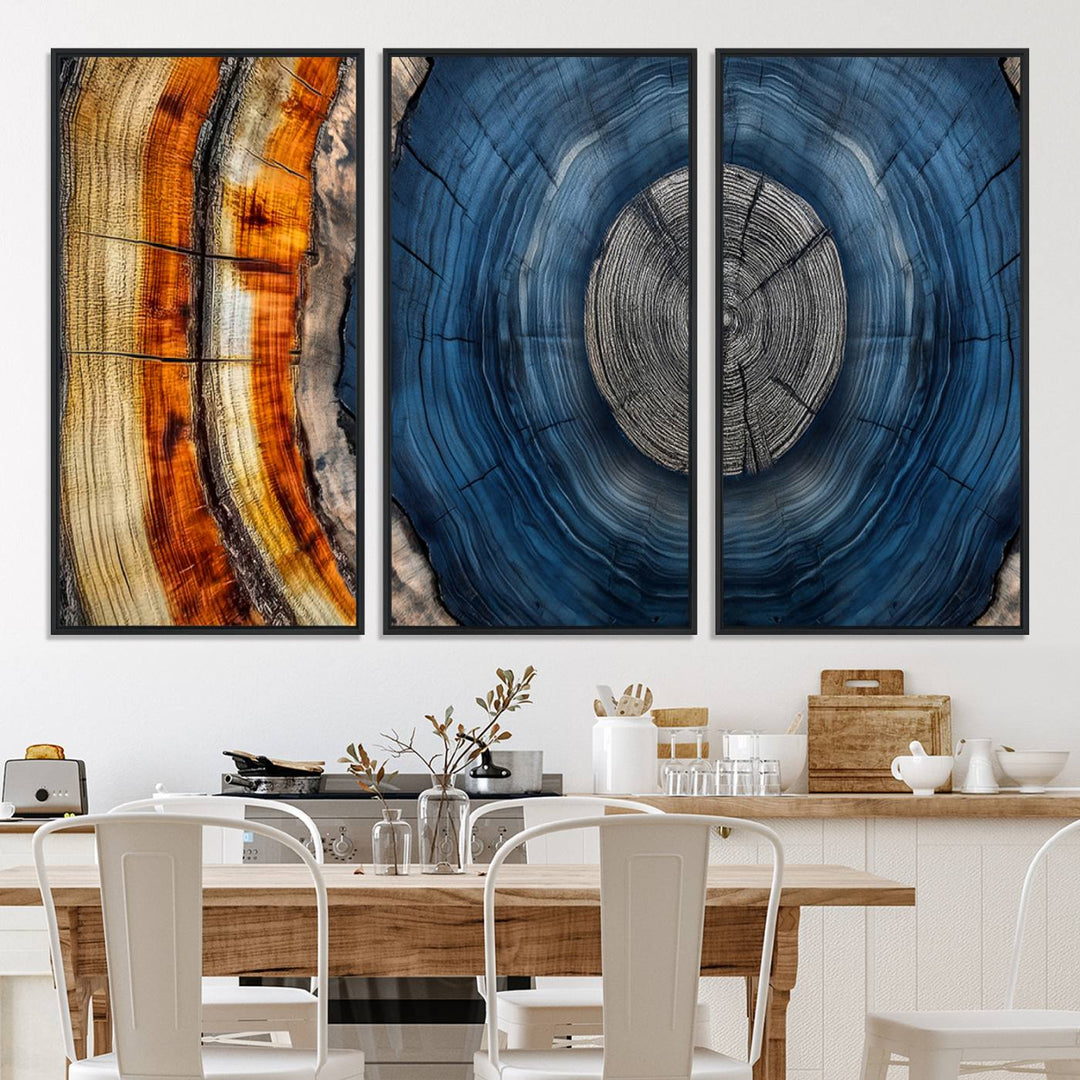 Vibrant Abstract Tree Rings in Orange, Brown, and Blue - Canvas Print for Nature Woodland Wall Decor.