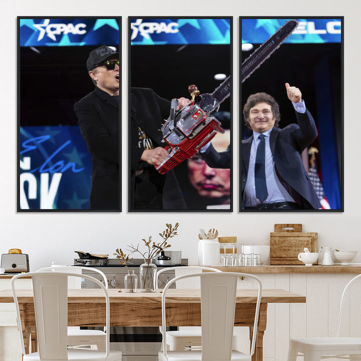 The wall art in the living room is an Elon Musk Chainsaw Art Print, depicting two men with chainsaws on stage in front of a vibrant crowd.