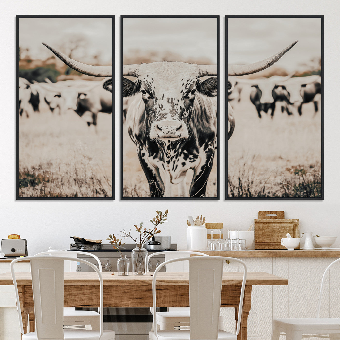 27497342-MGV-CV-36X24-Texas Longhorn Wall Art Canvas Print, Framed Speckled Cow Art Picture Print, Horned Cattle Perfect Rustic Western Decor Artwork