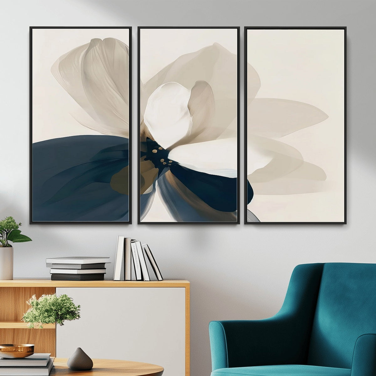 42188901-MGV-CV-24X16 - Minimal Flower Wall Art Canvas Print | Framed Beige and Navy Bloom